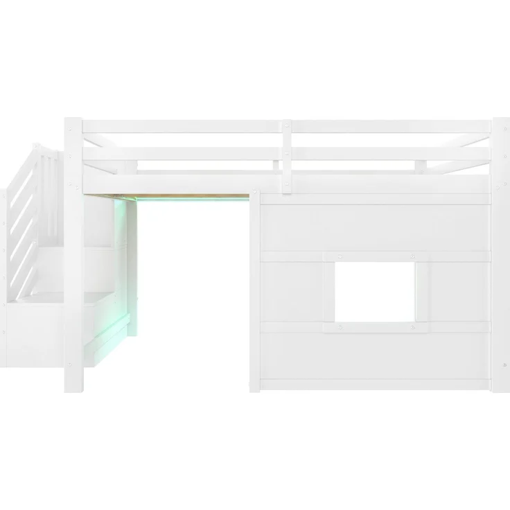 Hochbett mit Lattenrost und LED-Beleuchtung, 140x200 cm, Treppe mit Regal, Kinderbett mit Rausfallschutz, Spielbett, Kiefer – Bild 5