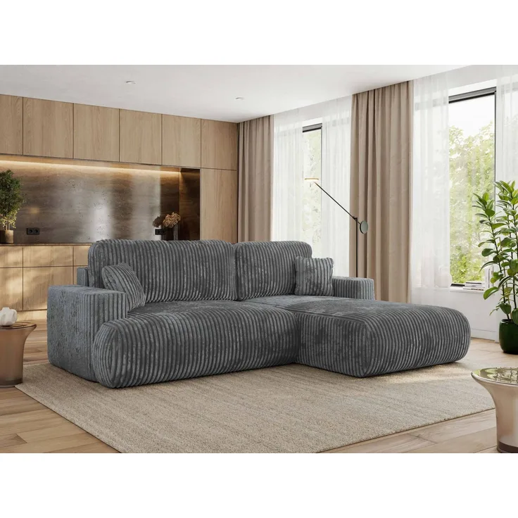 Ecksofa OVO mit schlaffunktion und bettkasten, Wellenfeder, lose Kissen, L-form 271x195 cm - Dunkelgrau Cord - rechte Seite
