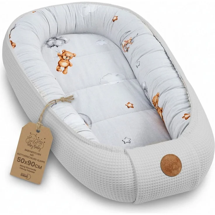 Babynest Neugeborene Nestchen Baby - 90x50 cm Kokon Handmade zweiseitig aus Waffel Piqué Baumwolle Schlummer Teddybären – Bild 1