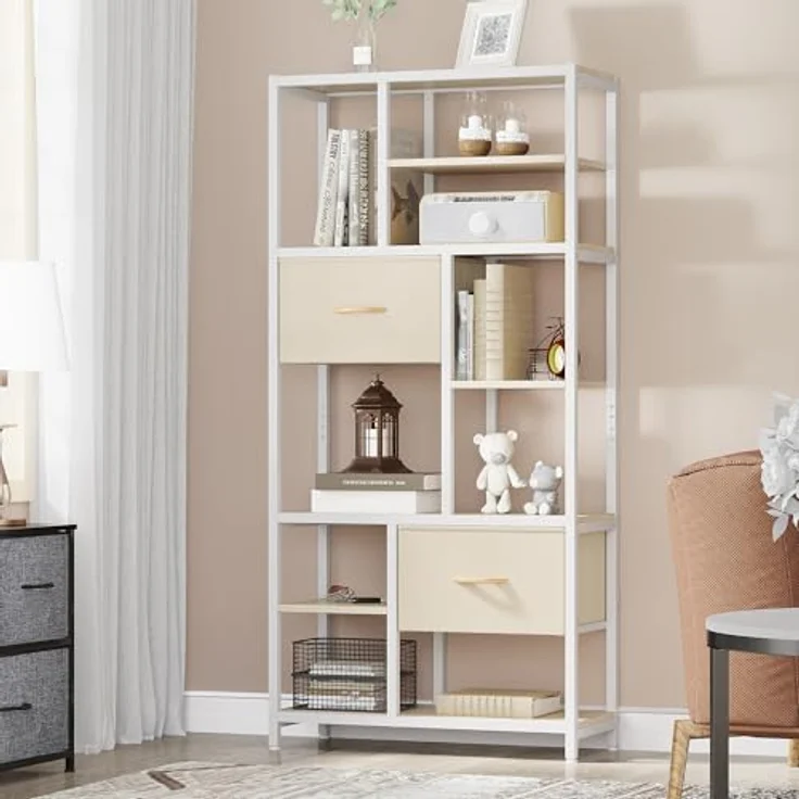 YITAHOME Bücherregal mit Schubladen, 7-stöckiges Standregal mit Stahlrahmen, Bodenstehendes Lagerregal, Industrieregal Aufbewahrungsregal, für Wohnzimmer, Büro, Flur, Küche, Eichenfarbe Regal – Bild 4
