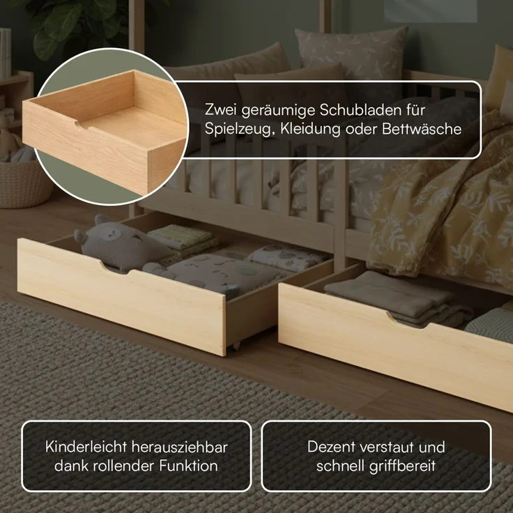 Bellabino 'Bia' Hausbett 120x200 cm mit 2 Schubladen, natur, Kiefer Massivholz, Montessori Kinderbett mit Stauraum, inkl. Rausfallschutz und Lattenrost – Bild 6