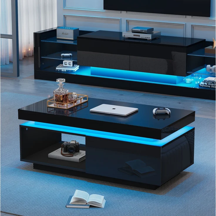 Hochglanz TV-Schrank 181cm & Couchtisch Schwarz LED Beleuchtung Wohnzimmermöbel modern elegant – Bild 2