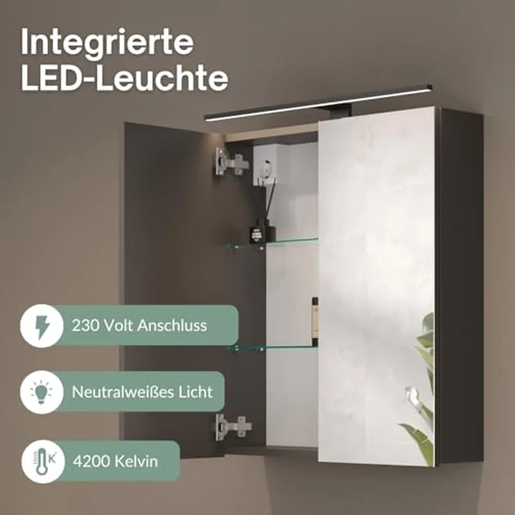 Planetmöbel ARIA Spiegelschrank Bad mit Beleuchtung 70 cm breit | Badschrank hängend mit Spiegel | Anthrazit, mit Leuchte und Steckdose, Spiegelschrank Gäste WC 70 x 70 x 16 cm – Bild 7
