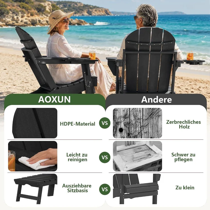Aoxun Adirondack-Loungesessel mit ausziehbarer Fußstütze & Getränkehalter, 133 x 52 x 90 cm, klappbarer Gartensessel aus HDPE-Kunststoff in Holzoptik, wetterfest für Terrasse, Balkon & Rasen, Schwarz – Bild 8