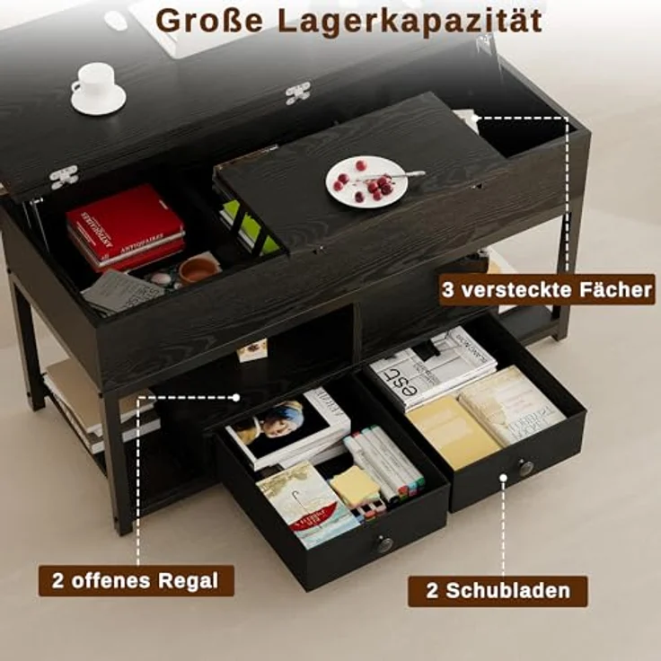 IRONCK Couchtisch Höhenverstellbar, LED Wohnzimmertisch mit Steckdosen | 2AC+USB+USB‑C, Kaffeetisch Holz, 2 Schubladen, Umwandelbar Esstisch 100×80cm, Schwarz – Bild 6