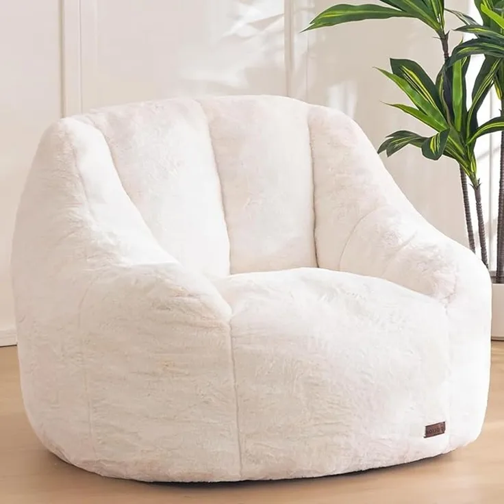 Sitzsack Sessel mit Rückenlehne aus weichem Kunstfell und PU-Schaumfüllung Creme