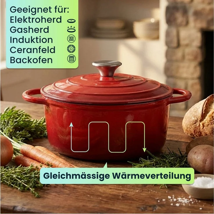 Casativo Schmortopf Gusseisen Topf mit Deckel 22cm Rund 2,2LBräter mit Deckel Rot, Gusseisen, backofenfest/Ø22 x H6,9 cm/3,7 kg/für Hobby-Köche – Bild 3