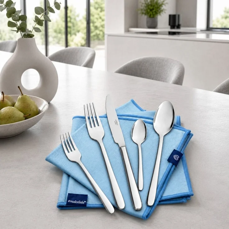 Mulex Besteck-Set Modica, Besteckset mit 3 Multifunktionstüchern (63-tlg), 12 Personen, Edelstahl 18/0, Zeitlos elegantes Besteck mit schlanker Form und edler Optik – Bild 3