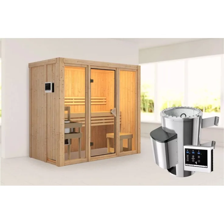 Karibu Sauna Avari 2 mit 3,6kW Plug&Play Ofen externe Steuerung