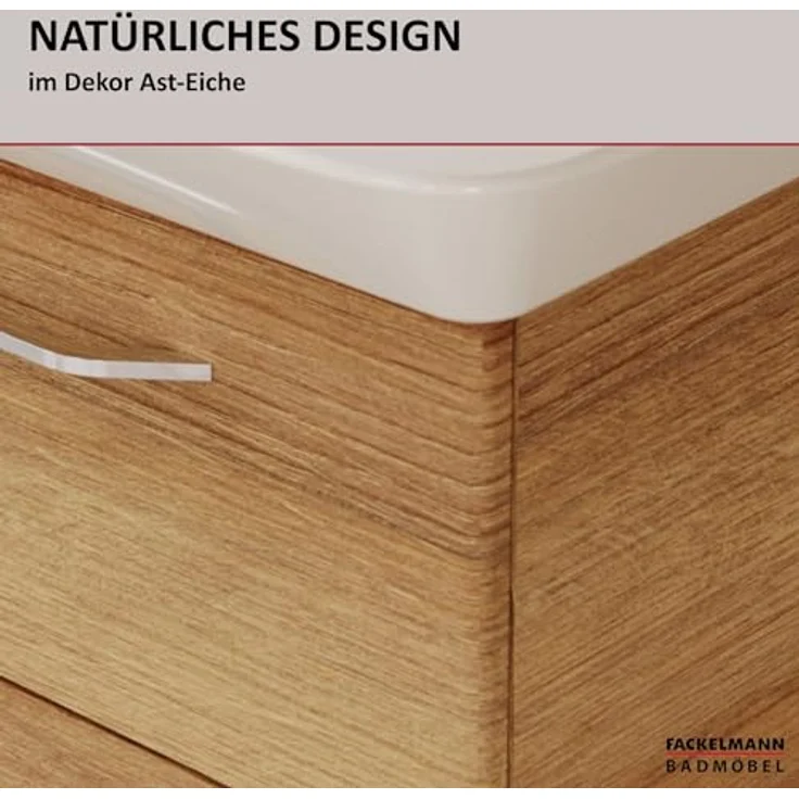 FACKELMANN MILANO Waschtisch Set mit Spiegelschrank 88 cm breit, Braun hell, Waschbecken Keramik Weiß – Bild 4