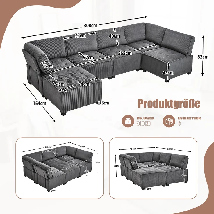 LVHOM Modulares Sofa U Form 308 x 82 x 154 cm, 6-Sitzer mit Schlaffunktion, Modular Cord Ecksofa, umwandelbares Schaumstoffsofa, Sofagarnitur, Schwarz – Bild 7