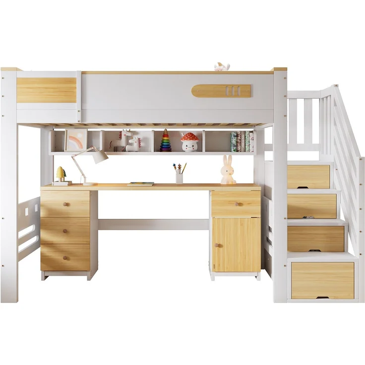 Hochbett mit Schreibtisch, Rausfallschutz, Lattenrost und Stauraum, 90x200 cm, Kinderbett, Kiefer – Bild 7