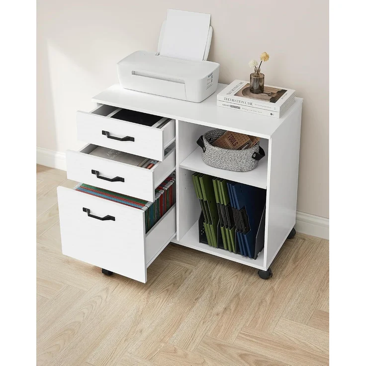 VASAGLE Aktenschrank, Rollcontainer, frei beweglich, mit Rollen und 3 Schubladen, für Dokumente in DIN A4, Letter-Format, Druckerständer, Industriestil, Weiß von SONGMICS OFC041W01 – Bild 4
