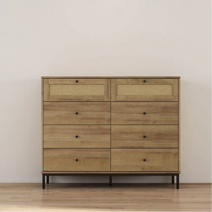 OTTO home Kombikommode Motala Wäsche Schrank mit 8 Schubladen Sideboard BOHO Design (Eichen-Design mit schwarzen Griffen und Geflecht Schubladen), Kommode Schrank Wäscheschrank mit 8 Schubladen – Bild 5