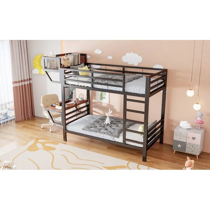 ZUBALIYA Metall-Etagenbett (90 x 200 cm) mit Schreibtisch und Ablagefächern, Lattenrost, platzsparendes Hochbett für Kinder, Jugendliche und Erwachsene, Schwarz – Bild 10
