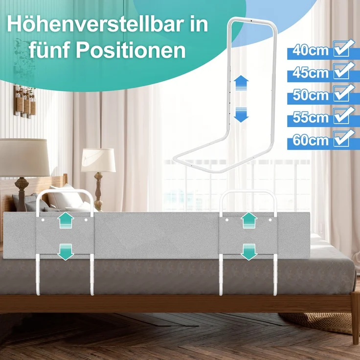 Eikuavons 1x Bettgitter 150cm Grau, höhenverstellbares Bettschutzgitter, Kinderbettgitter Babybettgitter Rausfallschutz für Familienbett & Kinderbett, Perlbaumwolle, Grau – Bild 4
