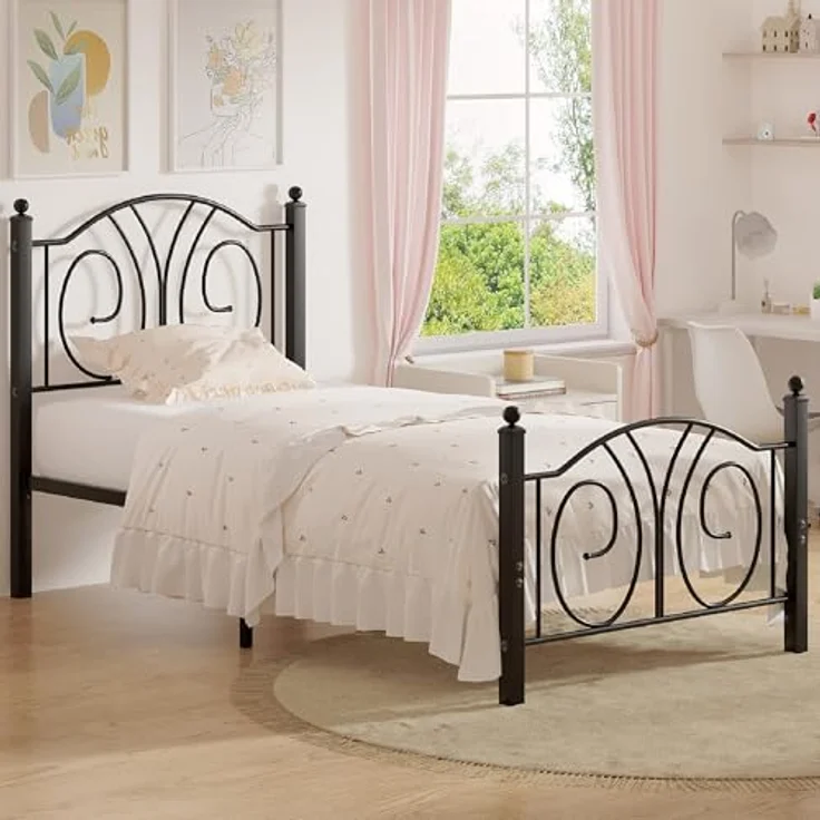 VECELO Bettrahmen 90 x 200 cm, Metallbett mit Hohem Kopfteil und Fußteil, Moderner Minimalistischer Jugendbett für Schlafzimmer Gästezimmer Viel Stauraum unter dem Bett, Schwarz – Bild 3