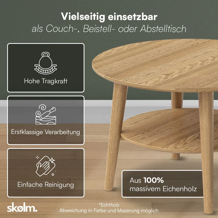 skølm 'Mjölnir' Couchtisch rund, Massivholz Eiche, natur geölt, Wohnzimmertisch Ø70 cm, Beistelltisch für Wohnzimmer mit Ablage – Bild 3