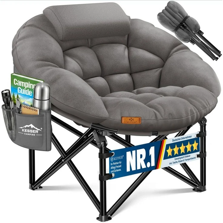 KESSER® Campingstuhl Chillexer faltbar 150 Kg Klappstuhl ultraleicht und breit, dickes Polster mit bequemen Kissen und Seitentasche, Cover, Outdoor + Indoor - rund, Camping, Angeln, Festival, Strand Grau – Bild 1