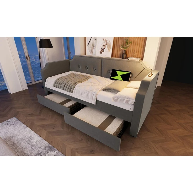 Merax Polsterbett mit 2 Schubladen, Leselicht & Ladefunktion, Samt grau, 90x200 cm – Bild 3