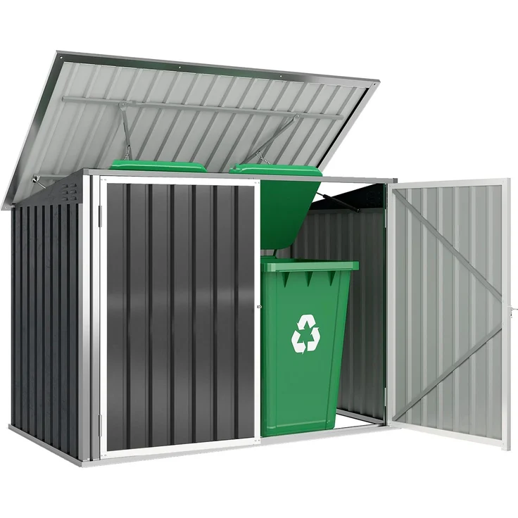 JARDJ Mülltonnenbox für 2 Mülltonnen aus verzinktem Stahl Müllbox mit Klappdeckel Gasdruckfeder Doppeltür Belüftungsöffnungen,179,5 x 108 x 129,5cm, Dunkelgrau – Bild 1