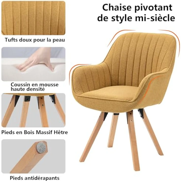 MEUBLE COSY Esszimmerstühle Drehbar 2er Set Küchenstuhl Polsterstuhl Drehstuhl mit Armlehne Sessel Schminkstuhl aus Stoff Massivholzbeine für Esszimmer Wohnzimmer Arbeitszimmer, Gelb – Bild 7