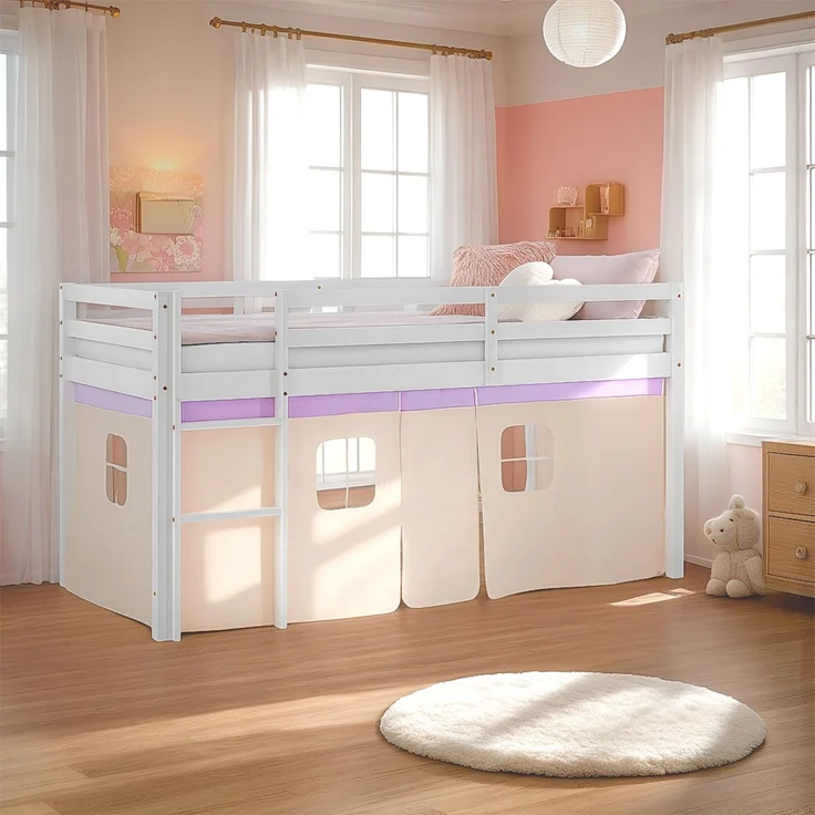 Hochbett Kinder 90x200 cm Kinderbett Kinderhochbett Stockbett Vorhang Lila Peach Leiter Holz Massiv – Bild 10
