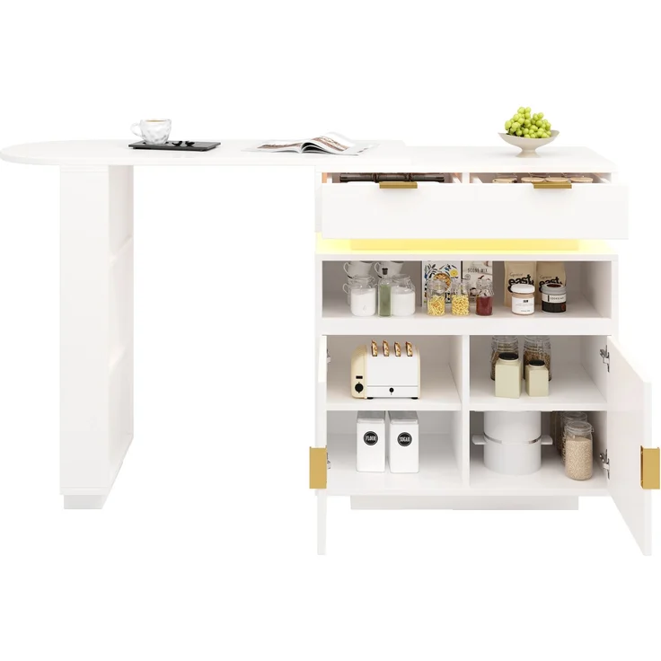 Merax Ausziehbarer Bartisch (115-183 × 40 × 99 cm), ausziehbare Kücheninsel, Bartisch mit Stauraum, LED‑Beleuchtung, 360° Drehfunktion, mobile Kaffeebar, geeignet für Küche und Esszimmer, Weiß – Bild 10