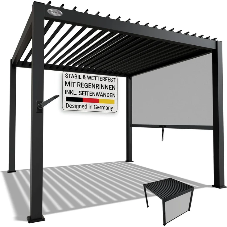 Juskys Lamellendach Tahiti 3x3 m inkl. Seitenwand 3 m in Anthrazit - Terrassenüberdachung stabil & wetterfest - Überdachung für Garten & Terrasse – Bild 1