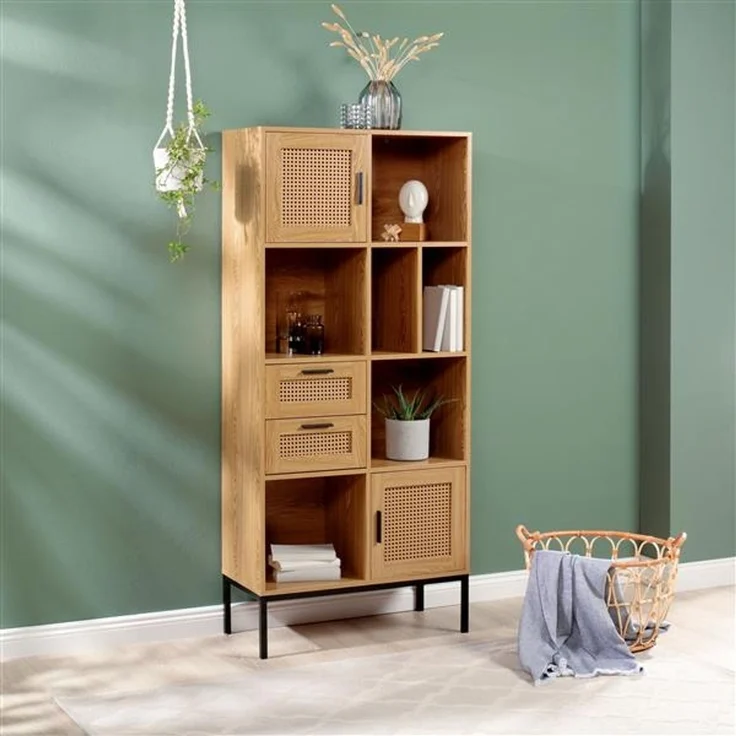 Wohnregal in Rattan-Optik mit 2 Türen, 2 Schubladen und 6 Fächer | ca. 75 x 167,5 x 35 cm | modernes Wohnzimmer-Regal aus Metall und MDF-Holz | stehend – Bild 2