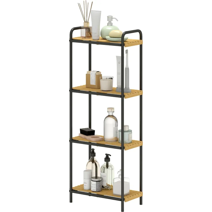 Badezimmerregal, schmaler, freistehender Aufbewahrungsregal mit 4 Ebenen aus Bambus, 1,5 x 21,5 x 106 cm, Naturholzoptik – Bild 2