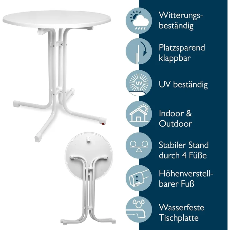 Beautissu Bistrotisch Outdoor Rund Ø 80 cm Wasserfest – Beistelltisch Balkontisch Wetterfest Gartentisch Rund Klappbar 70 cm hoch – Campingtisch Partytisch Esstisch Gastro – Weiß Bistroni – Bild 3