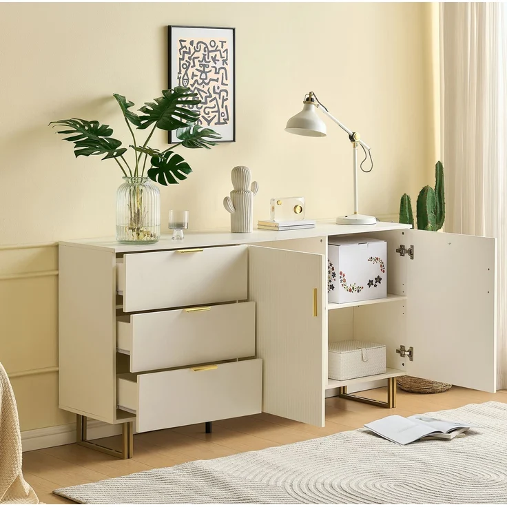DESVIAE Sideboard mit 3 Schubladen und 2 Türen 160x81,5x40 cm MDF Weiß – Bild 6
