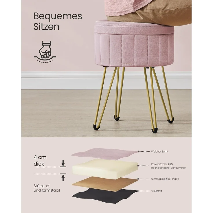 Songmics Sitzhocker Hocker (Schminktischhocker, Samt Schminkhocker), 4 Metallbeine, für Ankleidezimmer, Wohnzimmer, Schlafzimmer, rosa – Bild 5