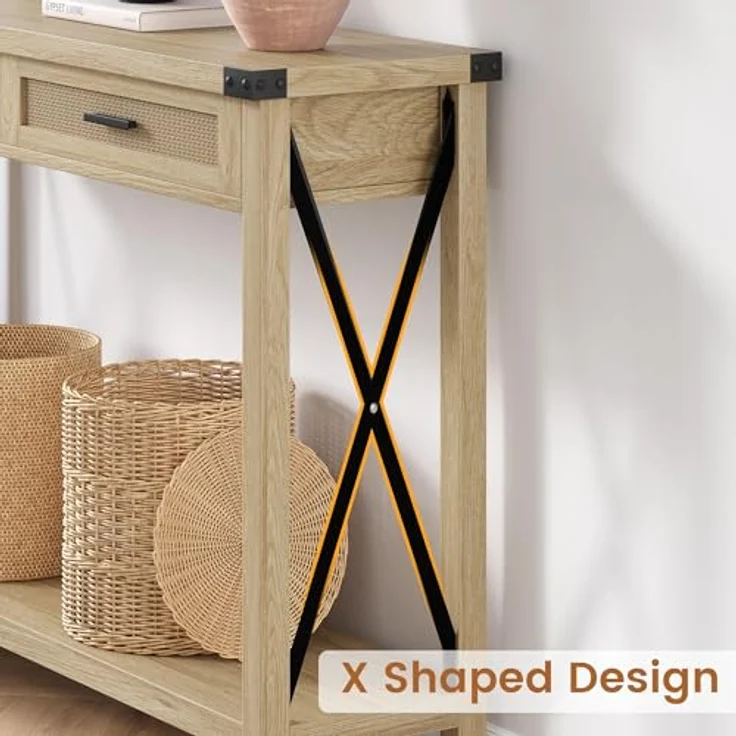 GarveeHome Flurtisch, Konsolentisch Mit Rattan-Schubladen, Sofatisch Mit 2 Ablageflächen, Einzigartiges x-Förmiges Design, Ideal Für Flur, Wohnzimmer, Diele, 110 x 30 x 78 cm,Holzfarbe – Bild 5