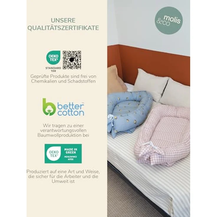 molis&co - Babynest - 100% Baumwolle (Oeko-TEX) - Babynestchen Neugeborene - Ideal als Reisebett, Kuschelnest Geeignet & Cradle Reducer - 90x50 cm - Colima – Bild 7