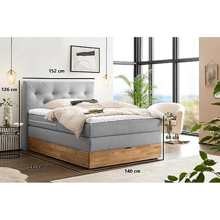 Belanoti MARBO Boxspringbett 140x200 mit Bettkasten 7-Zonen Taschenfederkern Matratze inklusive Visco Topper Bett 140x200 Eiche in der Farbe Hellgrau H2/H3 Polsterbett mit Massivholz Eiche – Bild 3