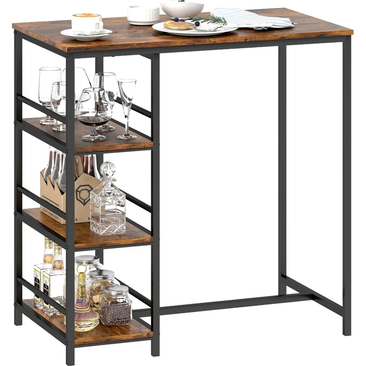 MELAYR, Hoher Bartisch mit 3 Ablageflächen und Stahlgestell, 90 x 50 x 90,5 cm, Rustikales Braun, Schwarz – Bild 1