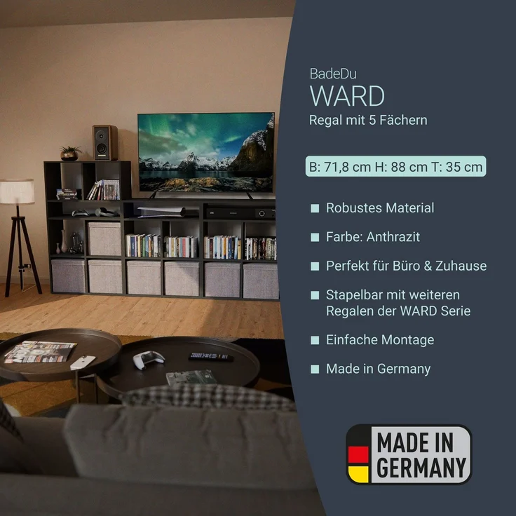 BADEDU WARD Regal 72 cm breit, Anthrazit, 5 Fächer – Bild 2