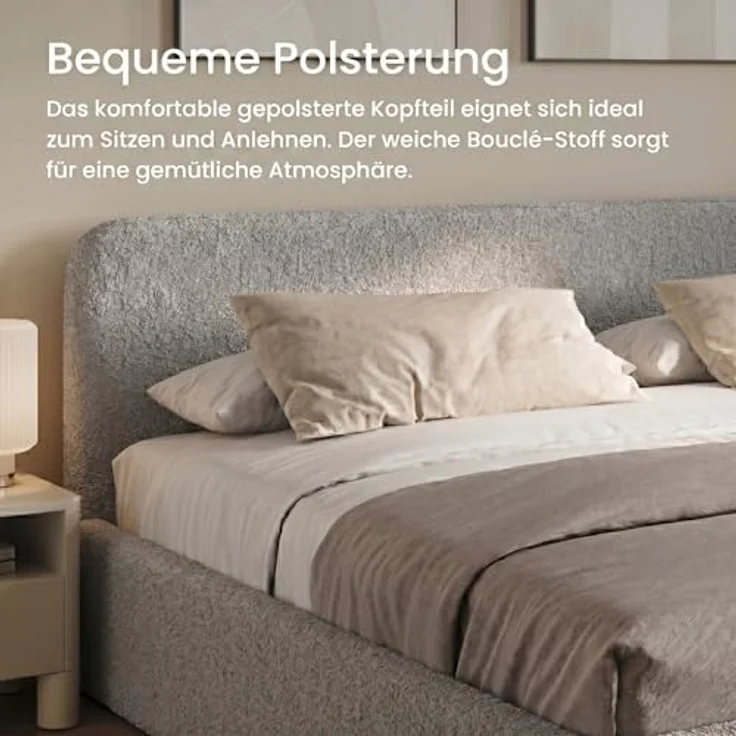 Home Collective Polsterbett mit Stauraum, verstellbarem Lattenrost, Bouclé-Stoff in Schwarz oder Creme, viele Größen, wählbare Matratze Federkern oder Kaltschaum – Bild 6