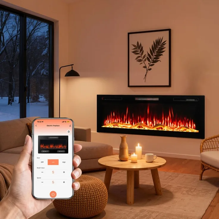 HOMAVO Elektrokamin mit 1000W/2000W Heizung, 12 3D-Flammenfarben, 36" - Stand, Einbaukamin / 50" - Wand, Einbaukamin, App-Steuerung(50")