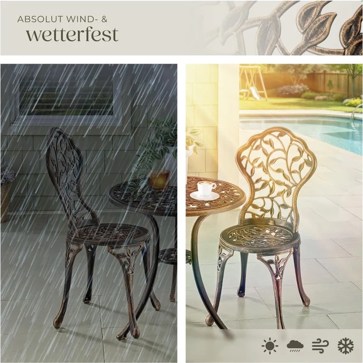 tectake Essgruppe Bistrotisch-Set Lyon für 2 Personen, wetterfestes Aluminium, (Set, 3-tlg), Absolute Standsicherheit dank höhenverstellbarer Kunststofffüße – Bild 7