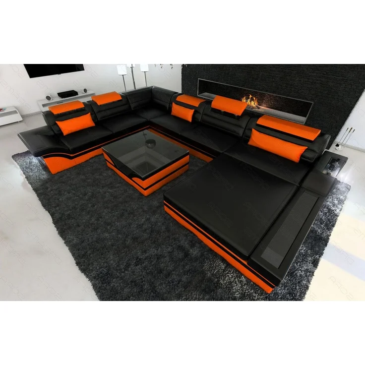 XXL Wohnlandschaft Mezzo - Kunstleder - schwarz-orange - Rechts – Bild 6