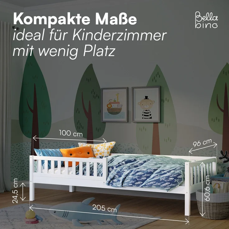Bellabino 'Vils' Kinderbett 90x200 cm mit Matratze, weiß, Kiefer Massivholz, Montessori Bett mit Lattenrost und mit abnehmbarem Rausfallschutz – Bild 9