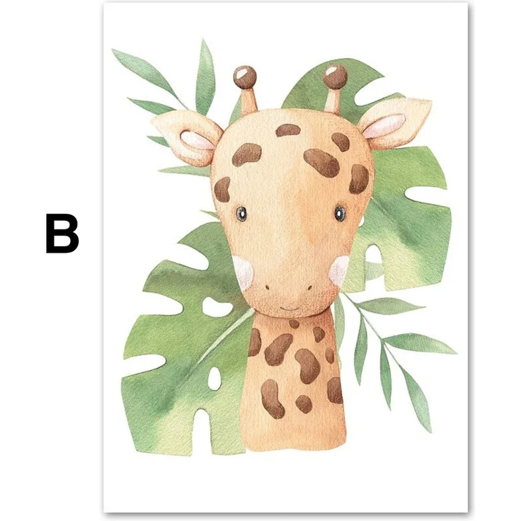 Poster Kinder süße Tiere mit Grünem Blatt Pandabär Giraffe Elefant Löwe Zebra Affe und Tiger als Deko Print ohne Rahmen - B / 40 x 50 cm
