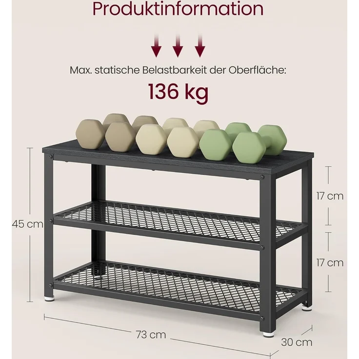 VASAGLE Schuhbank, Schuhregal mit 2 Gitterablagen, Aufbewahrung für Schuhe, 30 x 73 x 45 cm, für Eingangsbereich, Flur, Wohnzimmer, Metallgestell, Industrie-Design, ebenholzschwarz-schwarz LBS073B06 – Bild 3