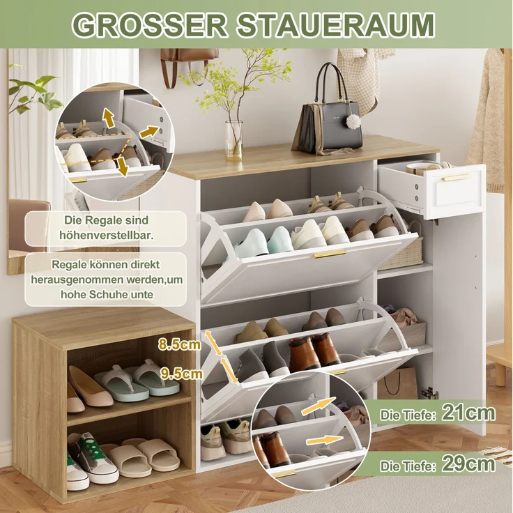 Garderoben-Set 139,5x35x166 cm in Weiß und Natur mit Schuhschrank, Sitzbank, Wandgarderobe und Spiegel – Bild 10