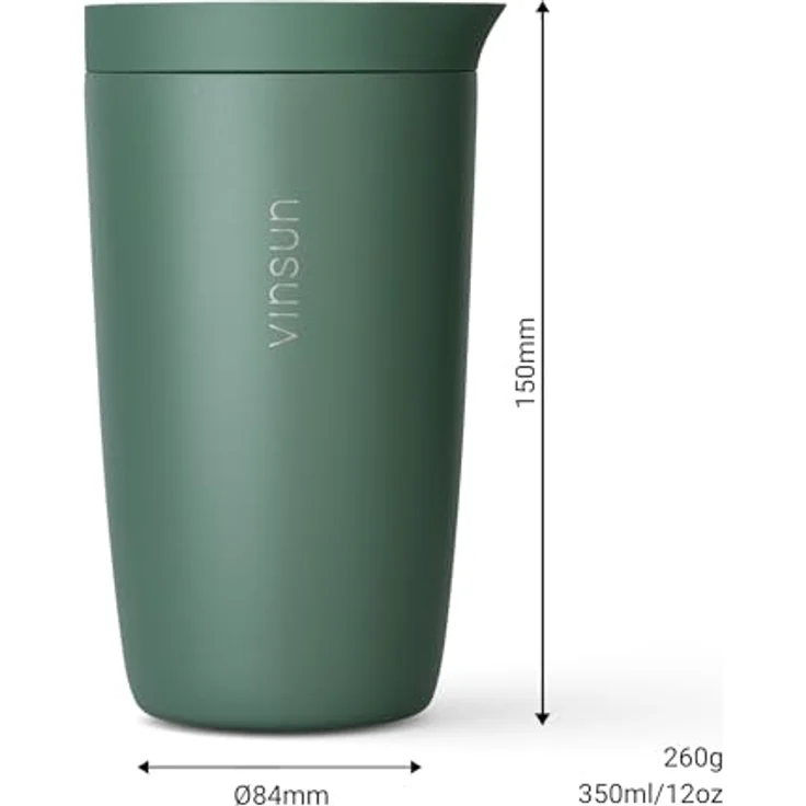 Vinsun Thermobecher Edelstahl Isolierbecher 350ml - Kaffeebecher to Go auslaufsicher, 2-tlg, Edelstahl, Doppelwandig, BPA frei, bruchfest, Einhandbedienung per Knopfdruck – Bild 5