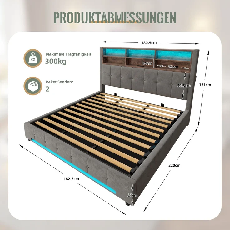 TavilaEcon Polsterbett mit Bettkasten und USB-C-Anschluss grau Liegefläche 180 × 200 cm – Bild 2