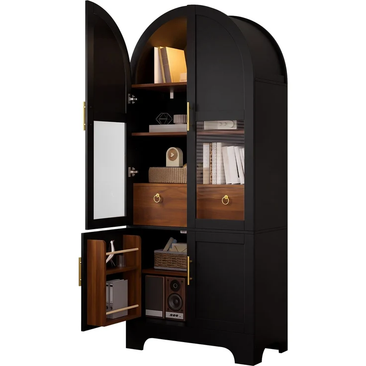 Vitrine 76 x 40 x 180 cm aus MDF und Spanplatte, schwarz, mit Bogenfront und LED-Beleuchtung – Bild 7